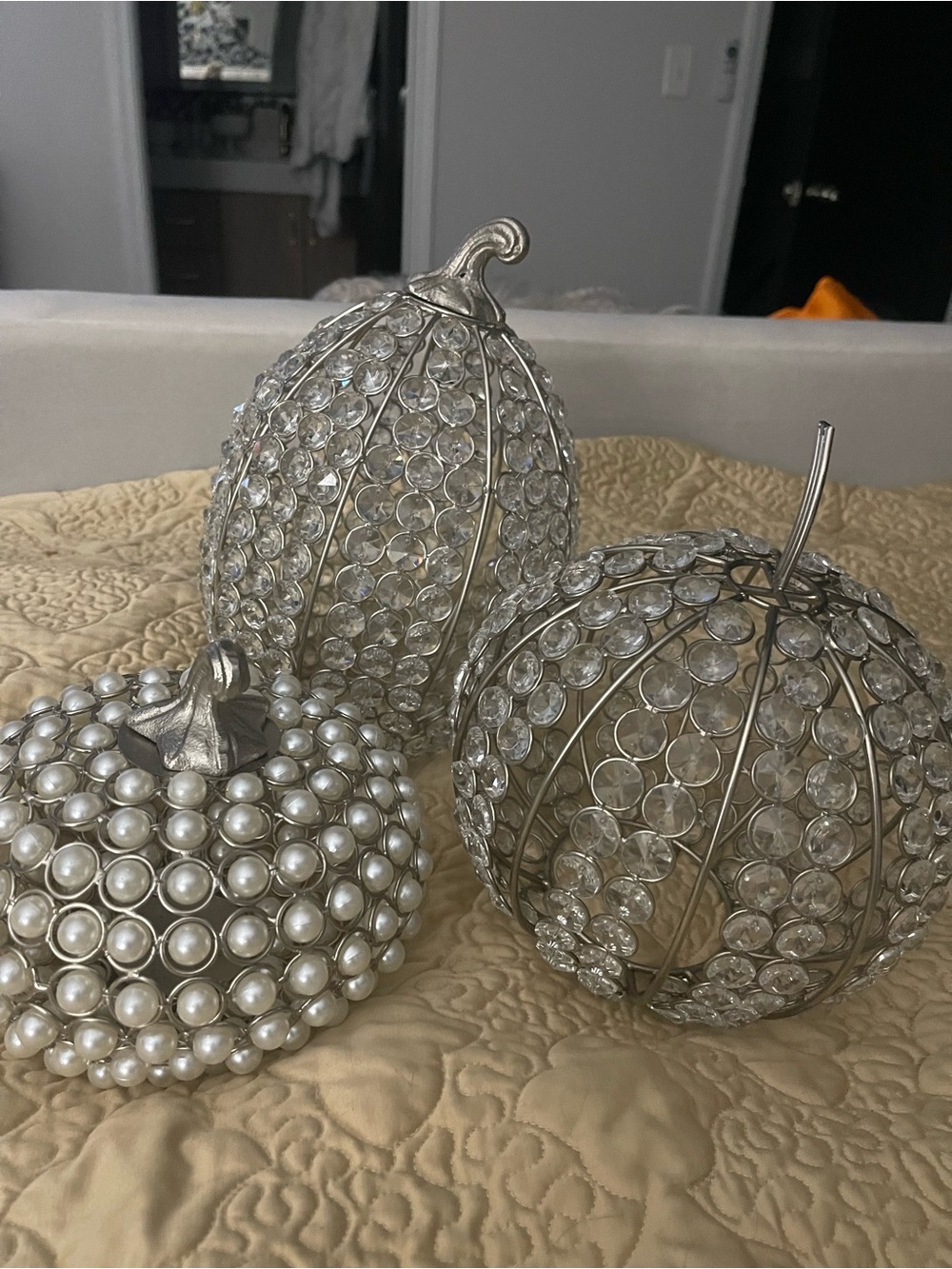 Decorative Crystal and Pearl Pumpkin Accents - Silver- set of 3